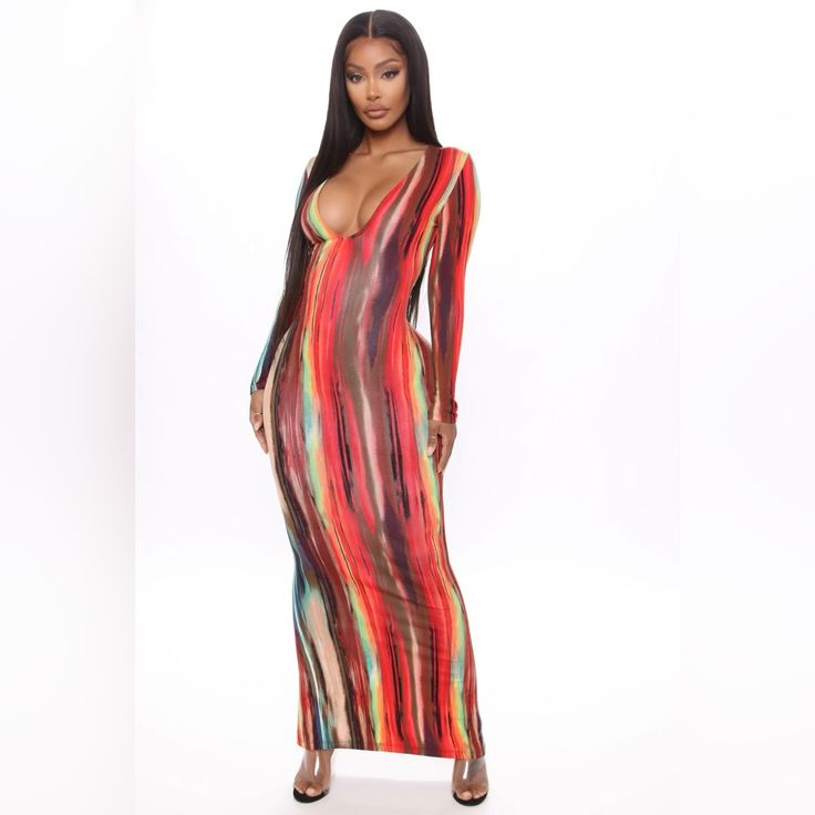 Brand New Without Tags Maxi Dress Long Sleeve Deep V-Neck Stretch Disclaimer: Print Placement Will Vary 95% Rayon 5% Spandex Imported Multicolor Stretch V-neck Dress, Multicolor V-neck Stretch Dress, Multicolor V-neck Bodycon Dress For Night Out, Multicolor V-neck Bodycon Dress, Fitted Multicolor V-neck Maxi Dress, Multicolor V-neck Maxi Dress For Night Out, Maxi Dress Long Sleeve, Brown Maxi Dresses, 80 Fashion