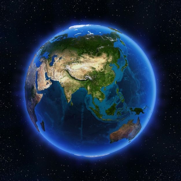 an image of the earth from space with stars in the background and blue hues