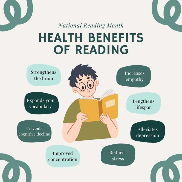 a man reading a book with the words health benefits of reading below it and above him