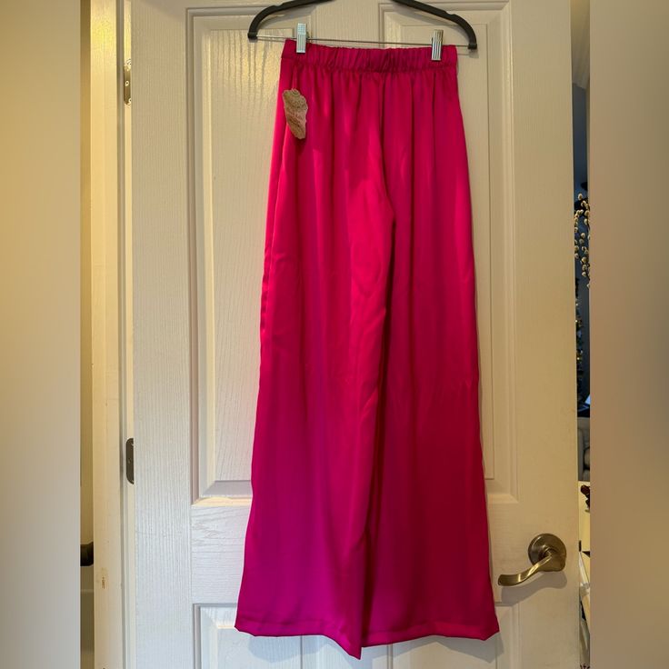 Hot Pink Satin Flare Pants The Perfect Pop Of Color For Dreary Winter.! Never Worn. Wide Leg Bottoms For Pajama Party In Spring, Wide-leg Bottoms For Pajama Party In Spring, Stretch Full-length Pants For Pajama Party, Pink Full-length Bottoms With Elastic Waistband, Pink Bottoms With Elastic Waistband Full Length, Pink Bottoms With Elastic Waistband For Daywear, Pink Full-length Bottoms For Pajama Party, Pink Full-length Pants For Pajama Party, Pink Long Pants For Daywear