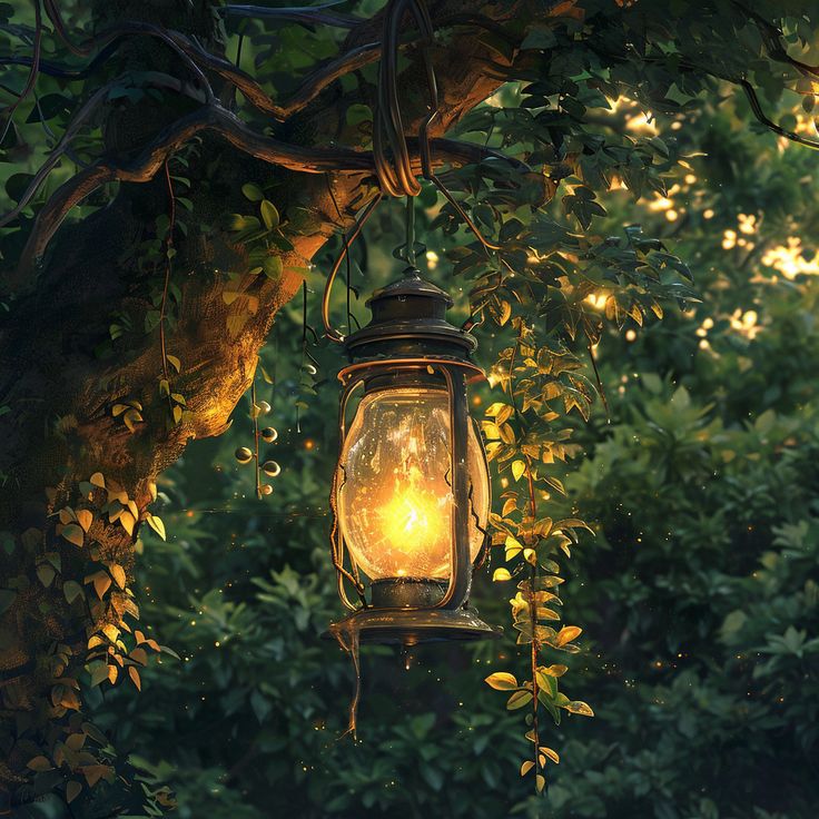 a lantern hanging from a tree in the middle of a forest with leaves around it