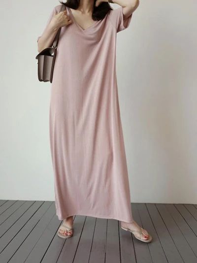 Loose Comfortable Simple Long Dress - rrdeye Non-stretch Pink Dresses, Pink Non-stretch Dresses, Pink Solid Color Maxi Dress For Summer, Pink Solid Color Summer Maxi Dress, Pink Long Sleeve Maxi Dress In Free Size, Free Size Pink Long Sleeve Maxi Dress, Casual Plain Pink Dress, Pink Long Sleeve Free Size Maxi Dress, Plain Pink Summer Dress