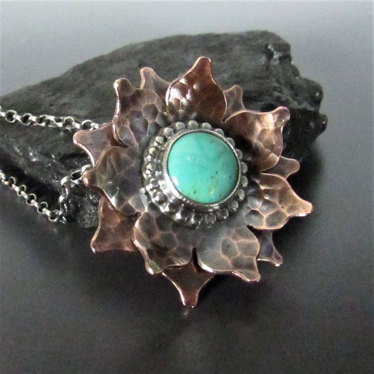 Copper and Sterling Silver Turquoise Lotus Necklace Mixed - Etsy Nature-inspired Nickel-free Jewelry With Round Pendant, Nickel-free Nature-inspired Jewelry With Round Pendant, Flower Shaped Sterling Silver Jewelry With Natural Stones, Sterling Silver Flower Jewelry With Natural Stones, Soldered Flower Pendant Jewelry For Gift, Soldered Flower Pendant Jewelry Gift, Flower Shaped Gemstone For Jewelry Making, Flower Shape Gemstone For Jewelry Making, Bronze Cabochon Round Jewelry