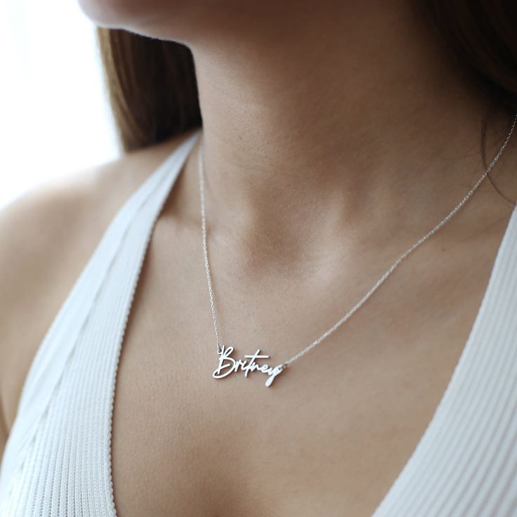 "Personalized Name Necklace 925 Sterling Silver - Custom Name Jewelry - Gift For Moms - Gift for Her - Personalized Necklace ♡ DAINTY PERSONALIZED 925 STERLING SILVER NAME NECKLACE ♡ Welcome to my shop, All our produtcs handmade with love. Handmade silver necklace is a very nice and dainty gift that you can buy for your loved ones or yourself. We are happy to create a design on the necklace with your name or special names for you. ♡ Materials: High Quality 925 Sterling Silver, Gold Plated Silver Silver Nameplate Charm Necklaces As Birthday Gift, Silver Nameplate Charm Necklace For Birthday Gift, Silver Minimalist Name Necklace For Birthday Gift, Silver Minimalist Name Necklace For Birthday, Minimalist Silver Name Necklace For Birthday, Custom Name Sterling Silver Jewelry For Birthday, Customized Silver Sterling Charm Necklaces, Customized Silver Necklace For Birthday, Sterling Silver Name Jewelry For Birthday Gift