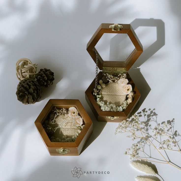 three small wooden boxes with flowers inside on a white surface next to some pine cones