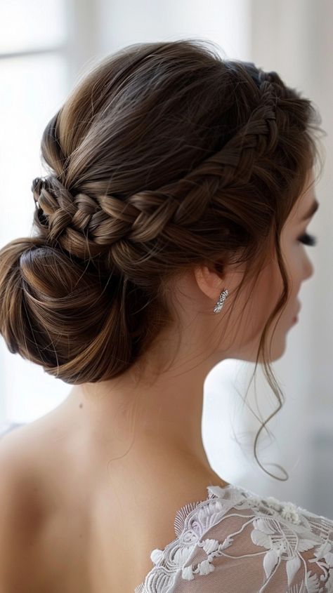 Dark Brown Wedding Hair Updo, Classy Updo Hairstyles Elegant Wedding, Wedding Updo With Braid, Braid For Bride, Maid Of Honor Hairstyles Updo, Maid Of Honor Hairstyles, Engagement Hairstyle, Fancy Updos, Updo Ideas