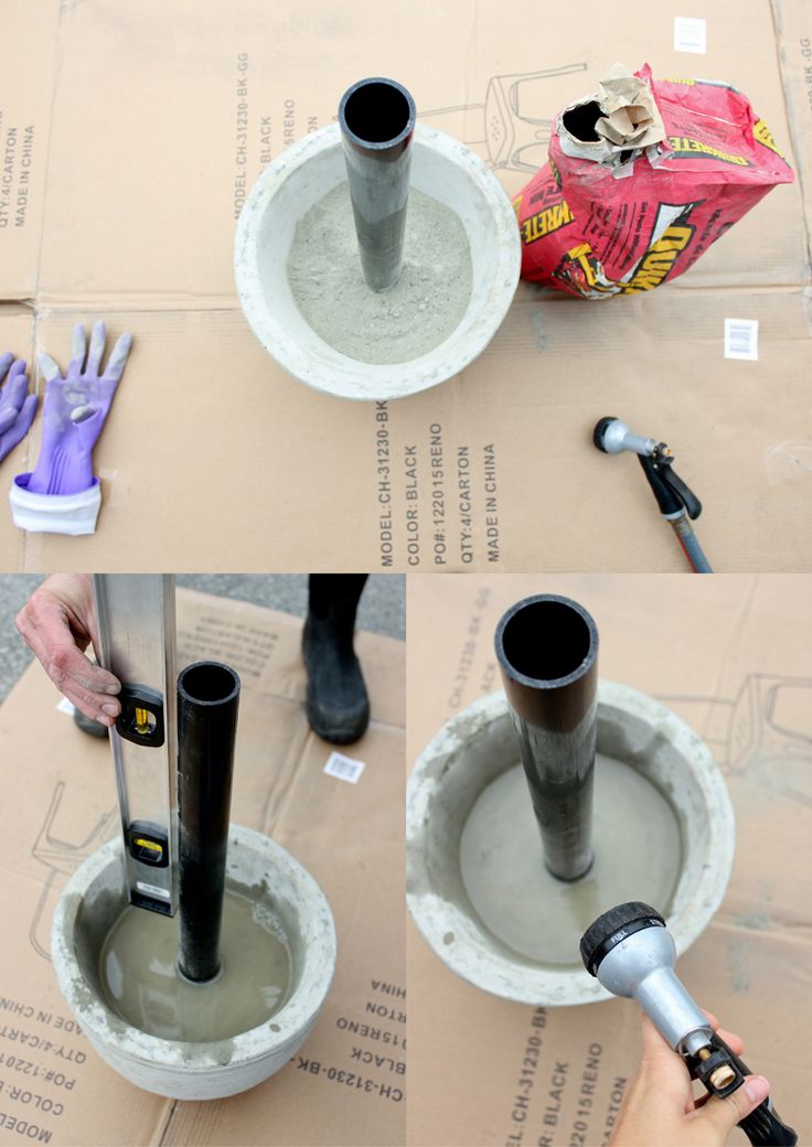 there are three pictures showing how to make a concrete vase with the tools needed in it