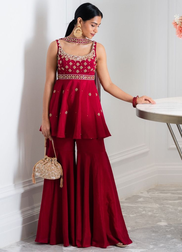 Maroon Peplum Kurta and Sharara Set - Ready to Ship Rashika Sharma - Fabilicious Fashion Chiffon Sharara, Choker Dupatta, Kurta And Sharara Set, Brother Wedding, Kurta And Sharara, Sharara Designs, Sharara Pants, Indian Dresses Traditional, Traditional Indian Outfits