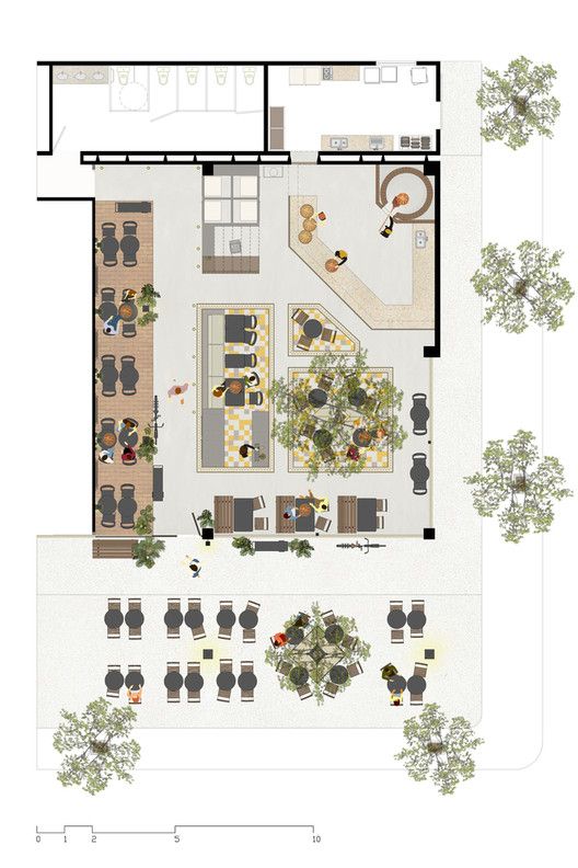 an overhead view of a living room and dining area with tables, couches, and chairs