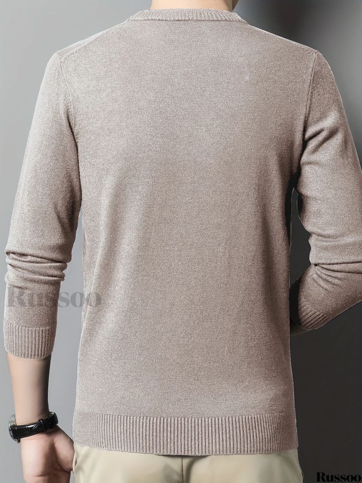 Russoo - Stylish Mens Knitted Pullover: Premium Wool V-Neck Sweater, Ideal for Outdoor Fall and Winter Wear Beige Winter Sweater With Ribbed Neckline, Beige Crew Neck Polo Sweater, Winter Fine Knit V-neck Polo Sweater, Winter V-neck Fine Knit Polo Sweater, Wool Weaving, Winter Wardrobe Essentials, Plus Size Cargo Pants, Mens Loungewear, Novelty Clothing