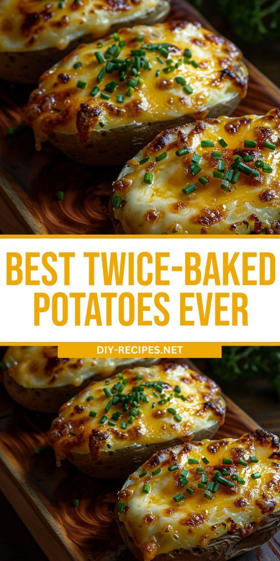 baked potatoes with cheese and parsley on top, in a wooden tray next to the words best twice - baked potatoes ever