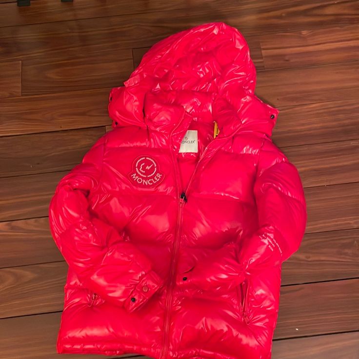 Beautiful Red Moncler Puffer Jacket - Men’s Size X Small Designer Outerwear With Detachable Hood And Long Sleeves, Designer Red Outerwear For Streetwear, Designer Red Hooded Outerwear, Designer Long Sleeve Puffer Jacket For Winter, Luxury Red Winter Outerwear, Designer Red Long Sleeve Outerwear, Moncler Puffer Jacket, Moncler Puffer, Hooded Gilet