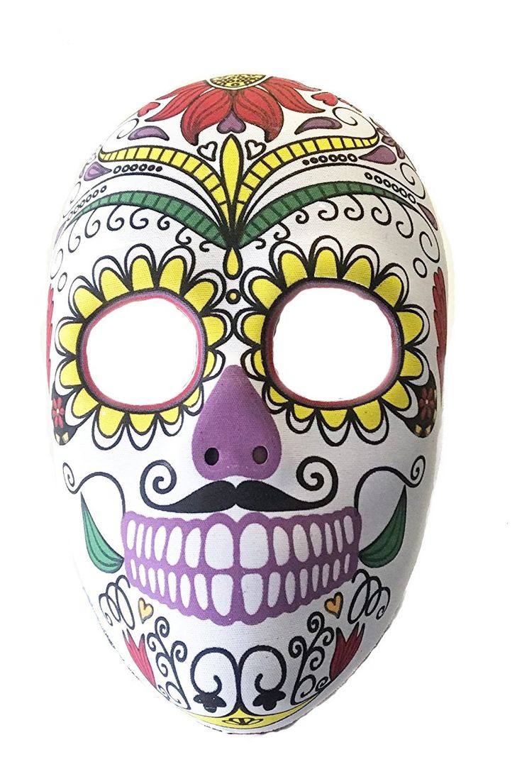 a white mask with yellow and red flowers painted on it's face to look like a skull