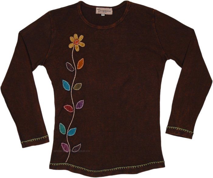 Fall Cotton Tops With Floral Embroidery, Floral Embroidered Cotton Tops For Fall, Brown Cotton Top With Floral Embroidery, Cotton Long Sleeve Top With Appliques, Casual Tops With Multicolor Embroidery And Patchwork, Brown Floral Embroidered Long Sleeve Top, Brown Long Sleeve Top With Floral Embroidery, Fitted Cotton Long Sleeve Top, Multicolor Embroidered Cotton Tops For Fall