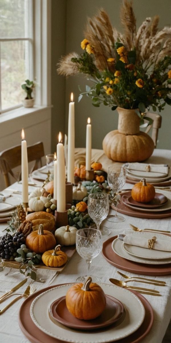 a table set with plates, candles and pumpkins