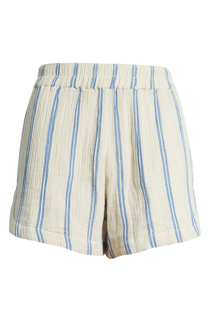 Kick back in these cool striped shorts cut from breezy cotton and featuring an easy pull-on design. 3 1/2" inseam Elastic waist 100% cotton Machine wash, line dry Imported Relaxed Fit Striped Shorts With Elastic Waistband, Beach Season Cotton Shorts, Cotton Shorts For Beach Season And Warm Weather, Striped Cotton Bottoms For Summer, Beachy Cotton Short Bottoms, Beachy Cotton Bottoms Short Length, Beachy Short Cotton Bottoms, Beachy Short Length Cotton Bottoms, Striped Cotton Summer Bottoms