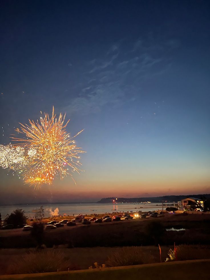 fireworks are lit up in the night sky over water and cars parked on the side of the road