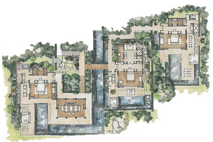 an artist's rendering of the floor plan for a house with multiple levels and several balconies