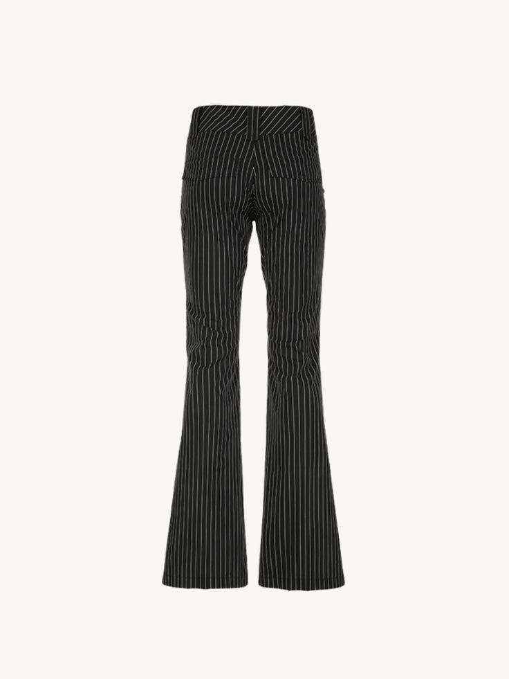 Bring a touch of classic sophistication to your wardrobe with the Winslow Flared Suit Pants. These black high-waisted pants feature an elegant pinstripe pattern, adding a timeless appeal to any look. The flared leg silhouette offers a retro-inspired vibe while flattering your figure. Designed with comfort in mind, the stretchy fabric ensures ease of movement, making them perfect for both the office and casual outings. Whether styled with a sleek blouse or a simple top, the Sophie Pinstripe Flare Elegant Black High-waisted Flare Pants, Elegant Black High-waisted Flares, Chic Pinstripe Straight Pants, Chic Pinstripe Trousers, Elegant Striped Stretch Pants, Chic High Waist Pinstripe Wide Leg Pants, Chic Black Flare Trousers, Chic Striped Fitted Bottoms, Elegant Striped Bottoms For Night Out