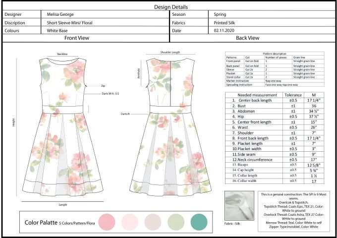 the dress pattern is shown with measurements for each piece and it has flowers on it