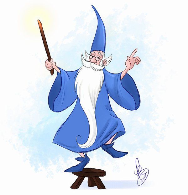 an image of a wizard holding a wand and pointing to the side with one hand