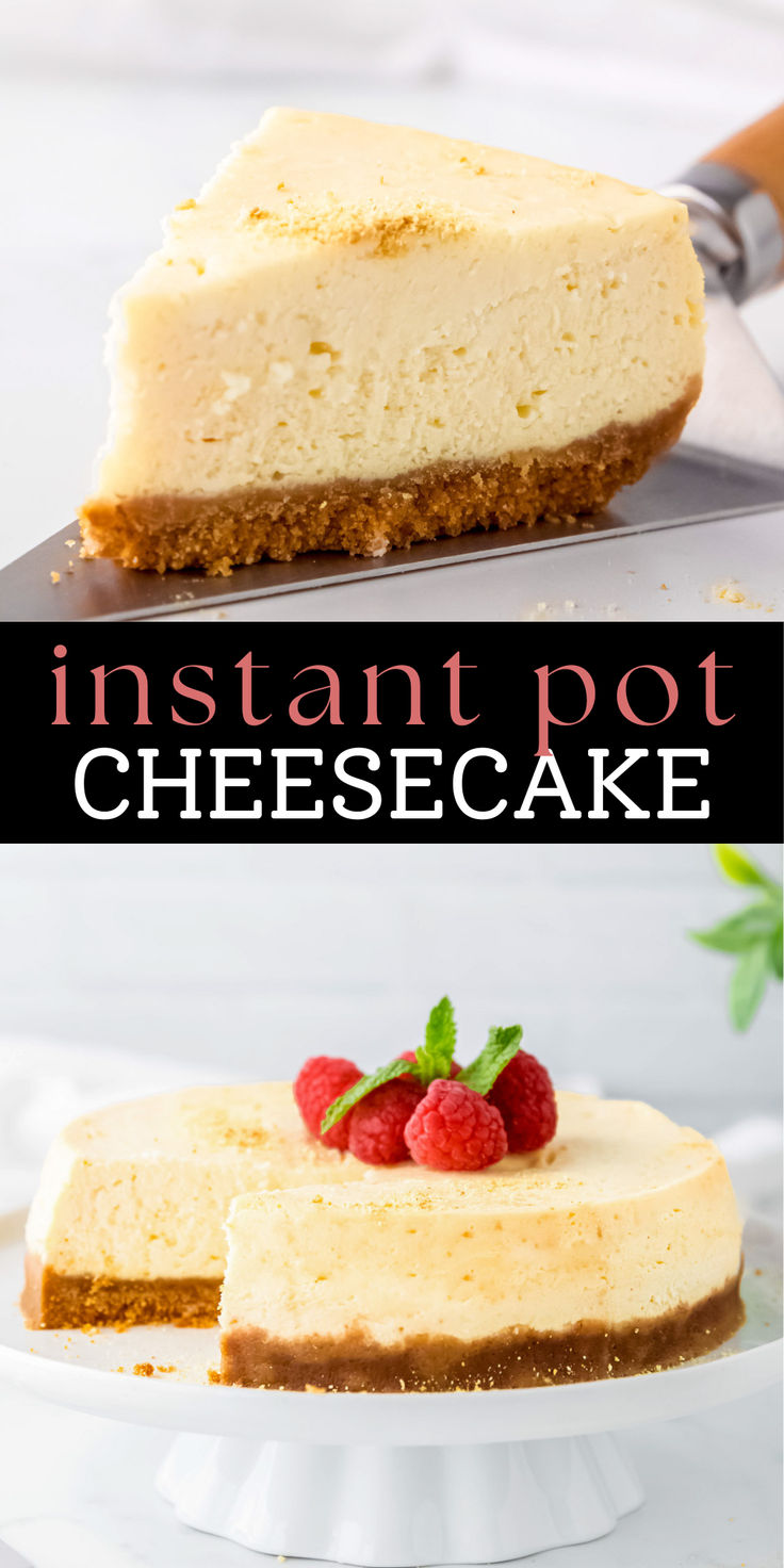 a slice of vanilla cheesecake made in the instant pot Pressure Cooker Desserts, Instant Pot Cheesecake, Cheesecake Recipes Classic, Classic Cheesecake, Dessert Party, Easy Cheesecake Recipes, Instant Pot Dinner Recipes, Instapot Recipes, Instant Pot Pressure Cooker