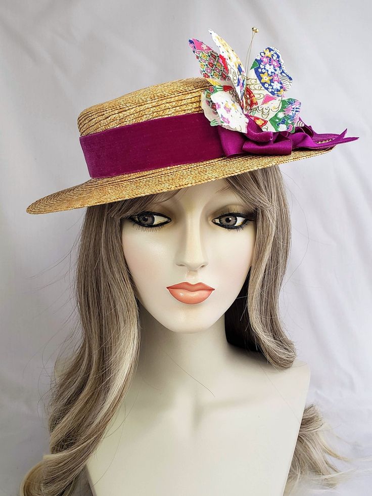 "\"One Of A Kind\" This wonderful little edwardian boater just screams summer is here!  Handmade and hand blocked Milanese straw boater in classic natural color.  Straw boater is not mass produced. Each hat is individually made using a 100 year old straw braid machine. It's a real art and not to many milliners are still employing this technique. Hat is decorated with a stunning vintage silk velvet ribbon that was \"Made in France\".  The fuschia color is rich and vibrant and has a luscious textu Fuschia Color, Edwardian Wedding, French Ribbon, Straw Boater, Real Art, Vintage Ribbon, Summer Is Here, Velvet Ribbon, Silk Velvet