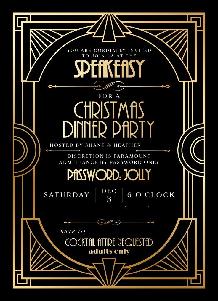 a black and gold christmas party poster with the words speakeasy for dinner party