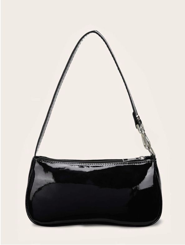 Type: Baguette Bag Style: Fashionable Color: Black Magnetic: No Bag Size: Small Pattern Type: Plain Material: PU Leather Composition: 100% PU Leather Simple Shoulder Bag, Shein Handbag, Rosa Coral, Patent Leather Bag, Minimalist Bag, Bags For Teens, Baguette Bag, Black Shoulder Bag, Cosplay Outfits