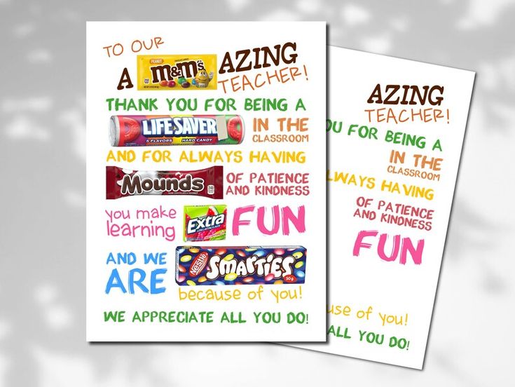 two greeting cards with candy and sayings for teachers to use on their school day