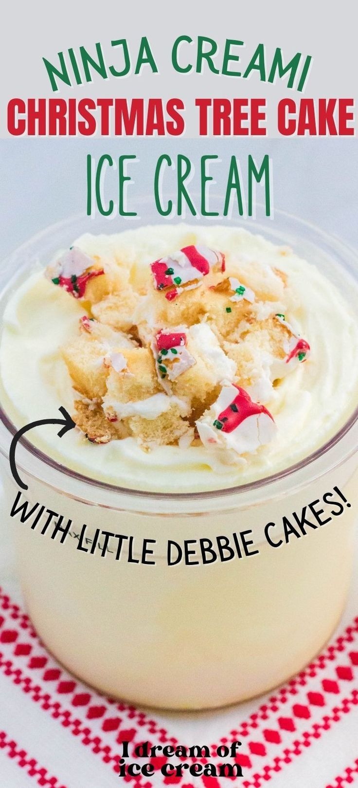 christmas tree cake ice cream with little debie cakes in a glass bowl on a red and white checkered tablecloth