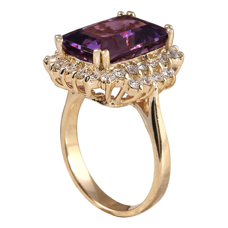 Stamped: 14K Yellow Gold Total Ring Weight: 6.1 Grams Ring Length: N/ARing Width: N/A Gemstone Weight: Total Natural Amethyst Weight is 6.53 Carat (Measures: 13.20x9.40 mm) Color: Purple Diamond Weight: Total Natural Diamond Weight is 1.00 Carat Quantity: 30 Color: F-G, Clarity: VS2-SI1 Face Measures: 18.30x17.60 mm Sku: [702495W] Luxury 14k Gold Purple Rings, Luxury Purple 14k Gold Rings, Formal 14k Gold Amethyst Ring, Fine Jewelry Formal Birthstone Ring With Gemstone, Formal 14k Gold Amethyst Gemstone Ring, Formal Amethyst Ring In 14k Gold, Formal Fine Jewelry Birthstone Ring With Gemstone, Elegant Gold Amethyst Ring With Diamonds, Formal Birthstone Ring With Gemstone