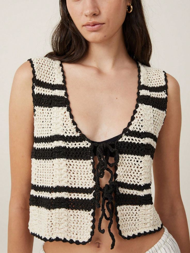 Women's Spring Autumn Casual Crochet Knit Color Block Tie-Front Crop Top Black and White Casual   Knitwear Colorblock,Striped  Slight Stretch  Women Clothing, size features are:Bust: ,Length: ,Sleeve Length: Crochet Tie Front Vest, Pink Crochet Vest, Tie Front Vest, Crop Tops Casual, Black Knitted Vest, Hair Jewelry For Braids, Crochet Tie, Vest And Tie, Crochet Inspo