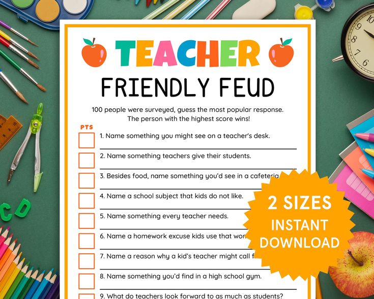 a teacher's friendly feud worksheet with school supplies on the table