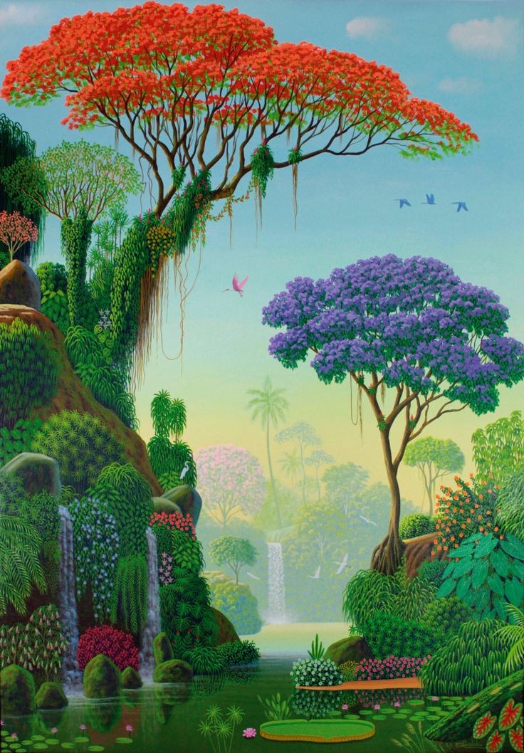 a painting of trees and flowers in the jungle