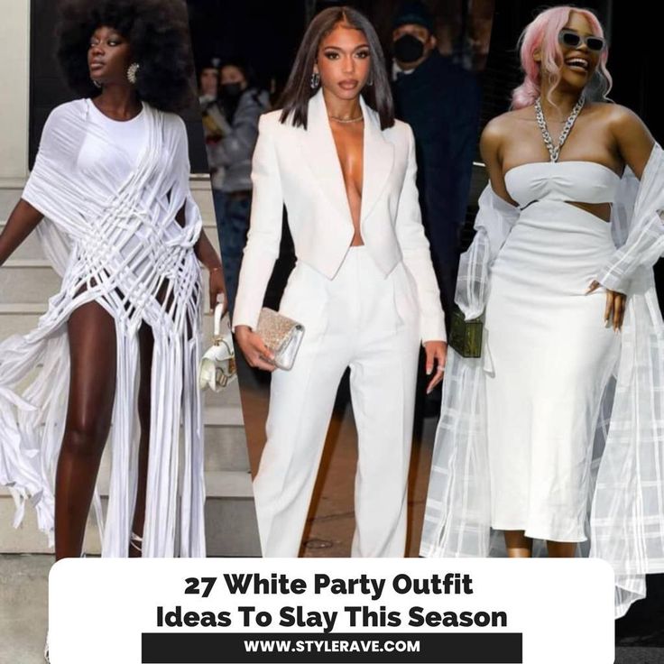 A photo of three women White Hot Party Outfit, Womens All White Outfits Party, White Attire Party Women, What To Wear To An All White Party, All White Wedding Guest Outfit, Winter White Party Outfit, What To Wear To A White Party, White Dinner Party Outfit, All White Party Outfits For Women