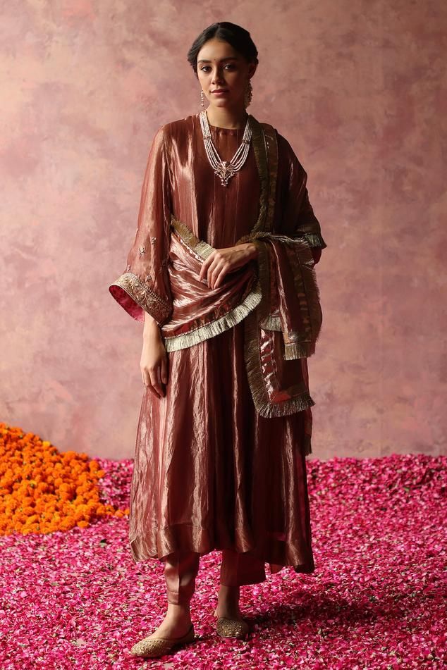 Rose gold zari silk A-line kurta with round neck, vintage pattern metallic gold zari, sequin and gota hand embroidered bell sleeves. Paired with satin pant and organza dupatta with kiran fringe lace border. - Aza Fashions Organza Kurta, Satin Pant, Kurta Set For Women, A Line Kurta, Satin Pants, Organza Dupatta, Satin Color, Embroidery Suits, Lace Border