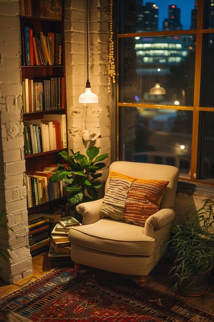 a living room with a chair, bookshelf and potted plant in the corner