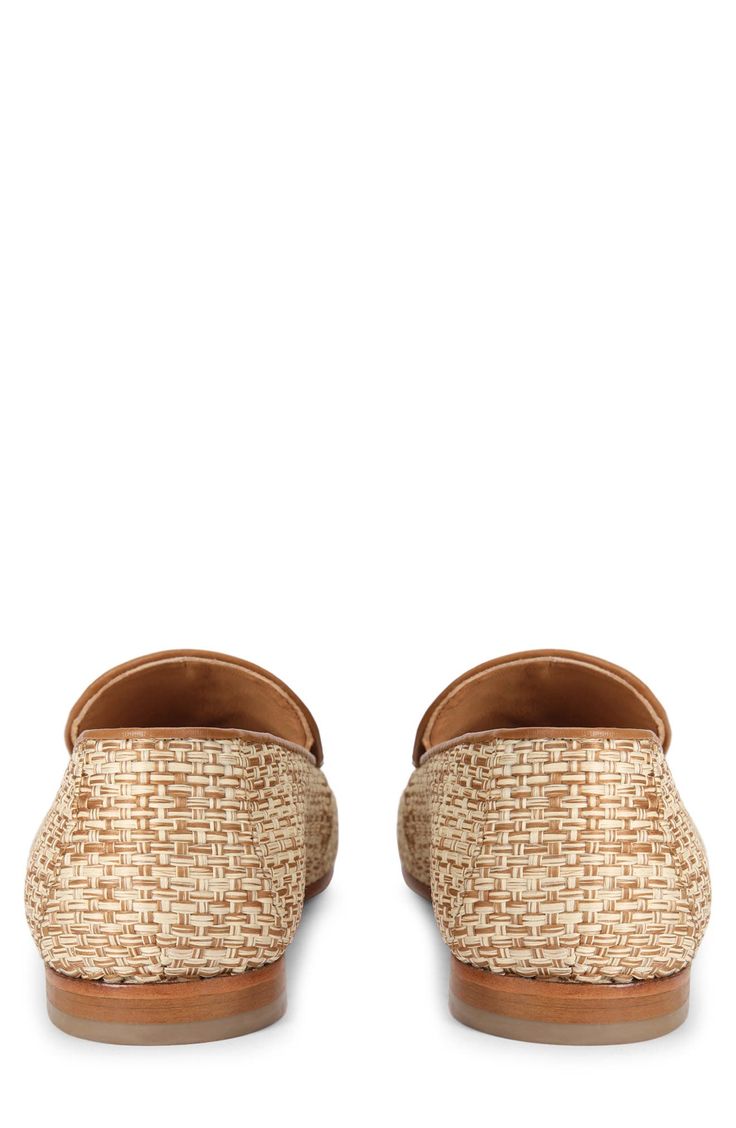 Woven raffia and a beaded tassel relax the smart, streamlined profile of a loafer styled with a soft leather interior and an almond-shaped apron toe. Synthetic upper/leather lining and sole Made in Portugal Elegant Summer Tassel Loafers Slip-on, Luxury Woven Leather Slip-on Loafers, Elegant Slip-on Moccasins With Woven Sole, Designer Beige Slip-on Loafers, Elegant Slip-ons With Woven Sole And Round Toe, Elegant Brown Woven Leather Loafers, Classic Beige Loafers With Woven Sole, Classic Loafers With Woven Sole, Classic Loafers With Woven Sole And Flat Heel