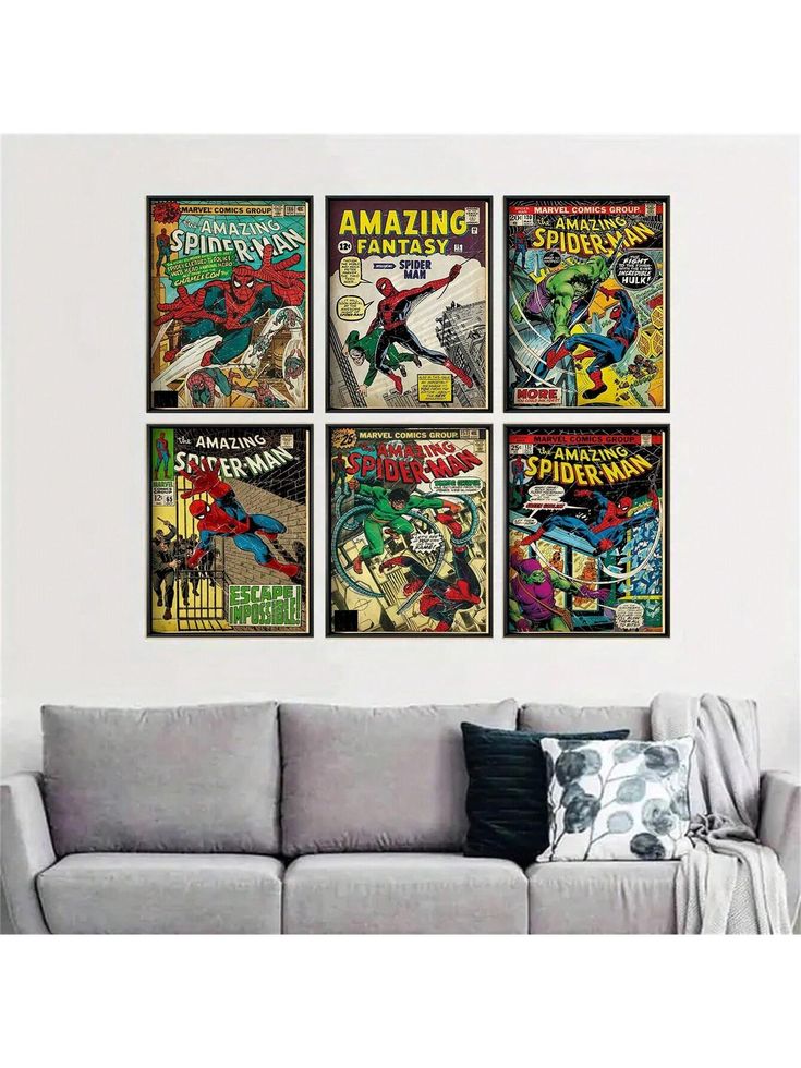 a living room with a couch and three posters on the wall above it that says amazing spiderman