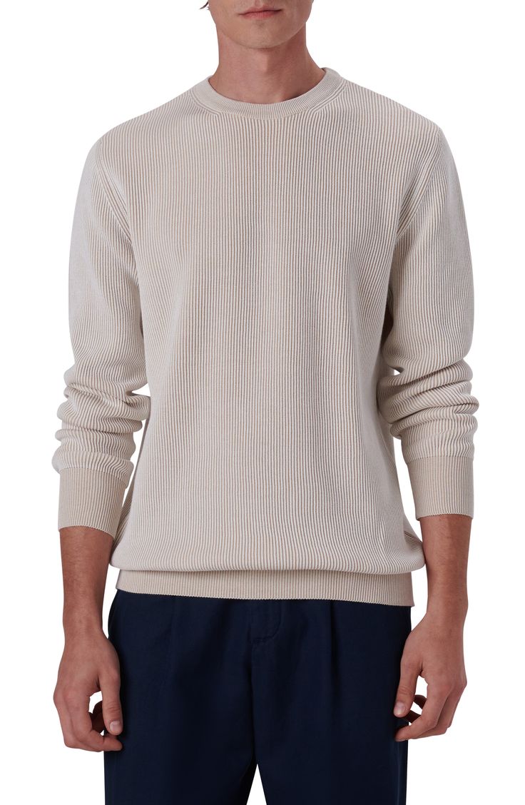 Knit from lightweight cotton with a comfortable fit, this long-sleeve sweater brings casual polish to everyday ensembles. 28" length; 44" chest Crewneck Long sleeves Ribbed cuffs and hem 100% cotton Dry clean Made in Italy Classic Relaxed Fit Ribbed Sweater, Winter Casual Sweater With Relaxed Fit, Classic Beige Stretch Sweater, Classic Stretch Beige Sweater, Cream Cotton Sweater With Ribbed Cuffs, Fitted Cotton Sweater With Ribbed Cuffs, Fall Cotton Sweater For Casual Wear, Classic Long Sleeve Ribbed Sweater, Fall Cotton Sweater For Casual Gatherings