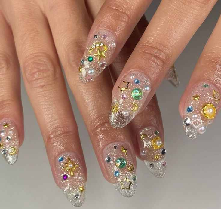 Nails Gems Rhinestones, Nails Moon, Nails Gems, Sailor Moon Nails, Nails Jelly, Sun Nails, Nails Clear, Junk Nails, Moon Nails