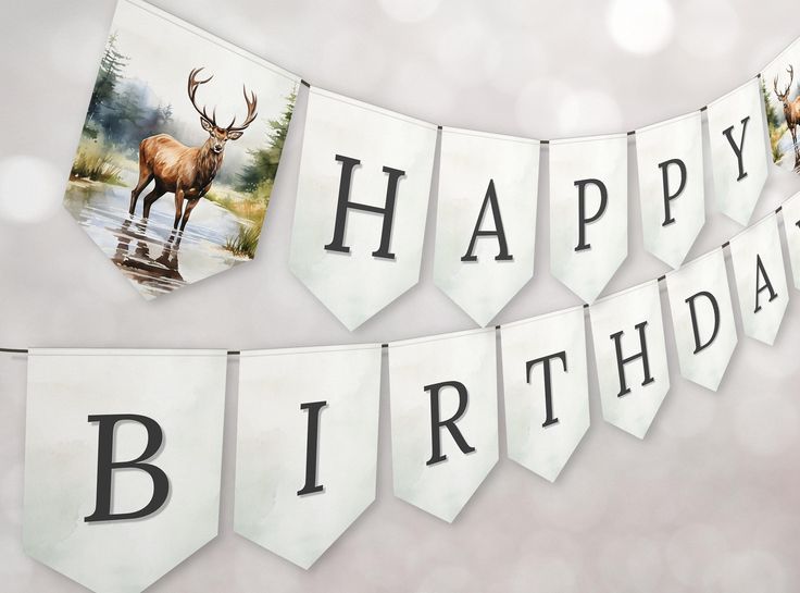 a happy birthday banner with an image of a deer