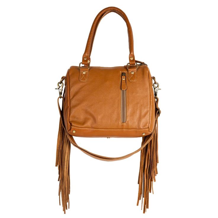 a brown handbag with fringes on the handles and shoulder strap, sitting on a white background