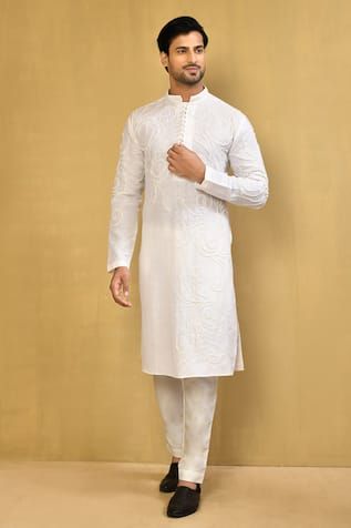 White straight kurta with french knot embroidery in linen base. Paired with an off white polo pant. - Aza Fashions Knot Embroidery, French Knot Embroidery, White Kurta, Straight Kurta, French Knot, White Polo, Band Collar, Pants Pattern, Pant Set