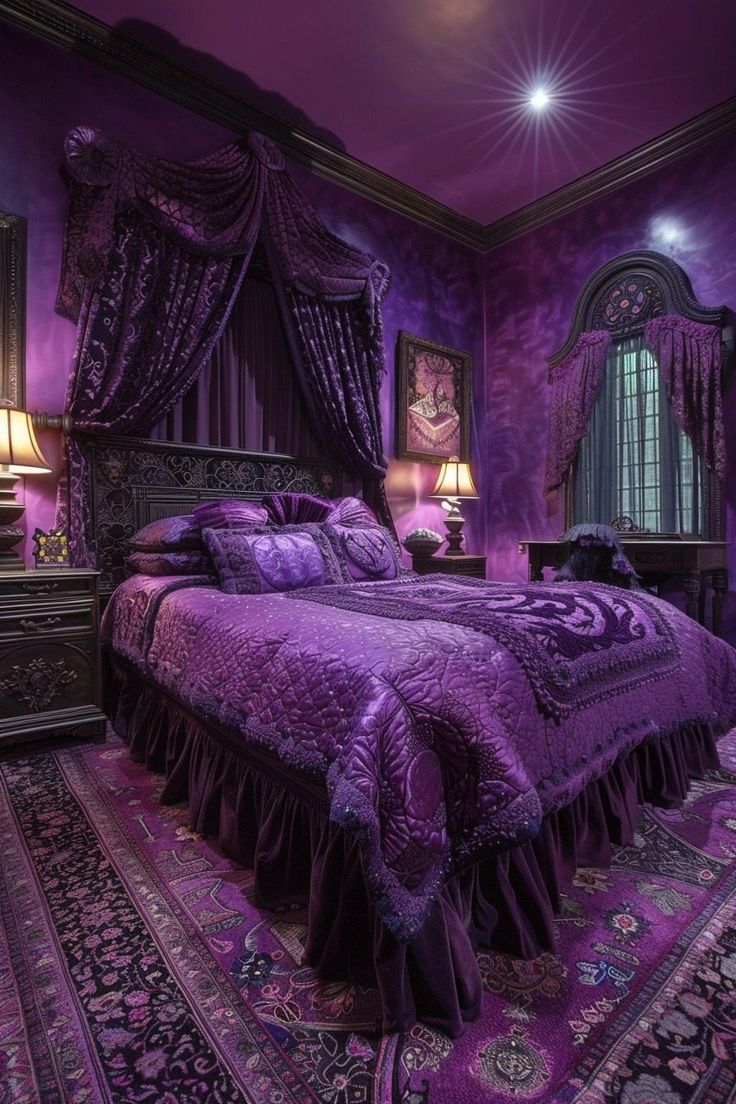 a bedroom with purple walls and furniture