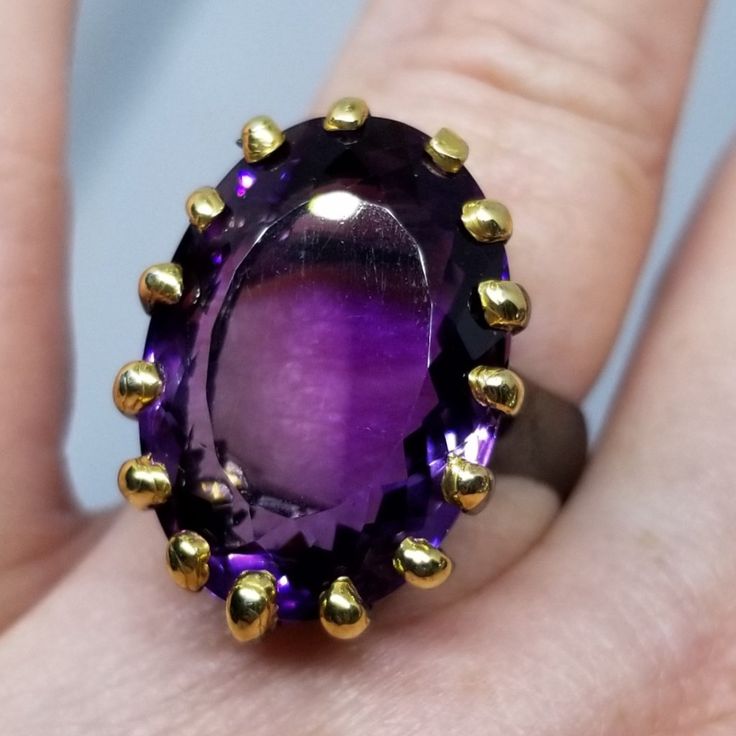 This Fun Genuine Amethyst Ring Boasts 24 Carats, And Makes For A Nice Sized Ring. Not Too Big, Not Too Small. It's Set In Solid 925 Sterling Silver Which Has Been Plated With Both Yellow Gold And Black Rhodium. Artisan Handmade Size 9 Stamped 925 Genuine Natural Gemstones Black Rhodium, Amethyst Ring, Handmade Artisan, Womens Jewelry Rings, Sterling Ring, Solid 925 Sterling Silver, Purple And Black, Natural Gemstones, Amethyst