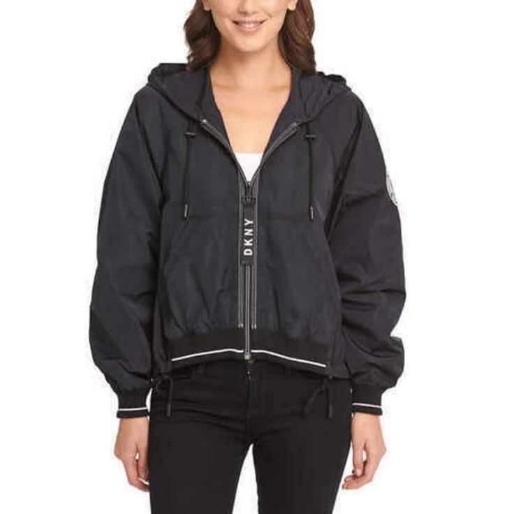 Dkny | Zipper Closure Windbreaker Jacket For Women,Black,New With Tag Black Sporty Windbreaker With Zip Fly, Black Sporty Windbreaker With Zipper Closure, Black Track Jacket With Zipper Closure For Spring, Spring Black Track Jacket With Zipper Closure, Black Nylon Track Jacket, Camo Jacket Women, Cropped Windbreaker, Long Blazer Jacket, Windbreaker Jacket Women