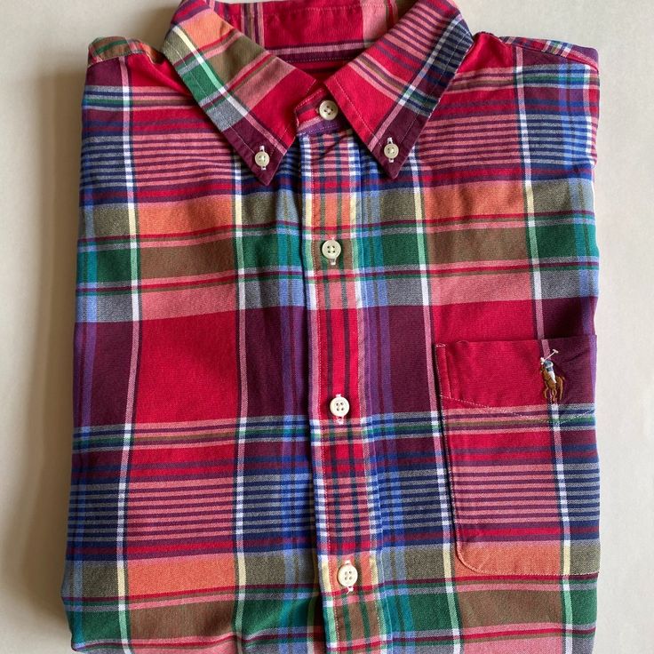 100% Authentic Mens Ralph Lauren Classic Fit Plaid Short Sleeve Oxford (Msrp $115). This Shirt Is Brand New With Tags! Color: Red Multi-Color Classic Fit Left Chest Pocket Button-Down Point Collar Short Sleeves Ralph Lauren's Embroidered Pony Accents The Left Chest Pocket Rounded Hem Split Back Yoke With A Box Pleat 100% Cotton Imported Box Pleats, Ralph Lauren Shirt, Casual Shirts For Men, Chest Pocket, Casual Button Down Shirts, Red Color, Polo Ralph, Button Downs, Red And Blue