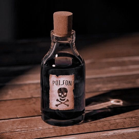 a bottle with a skull and crossbone label on it sitting on a wooden table